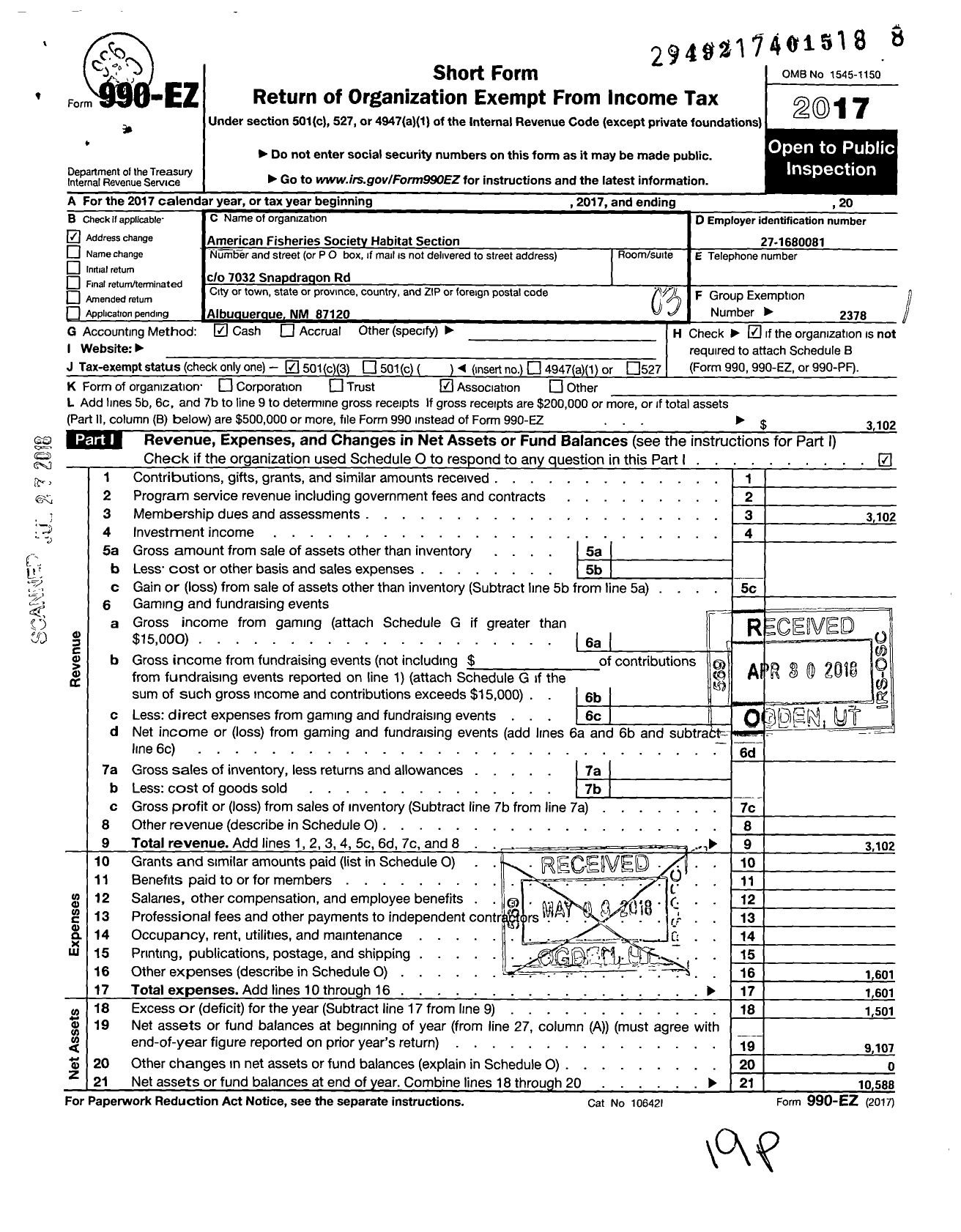 Image of first page of 2017 Form 990EZ for American Fisheries Society Fish Habitat Section