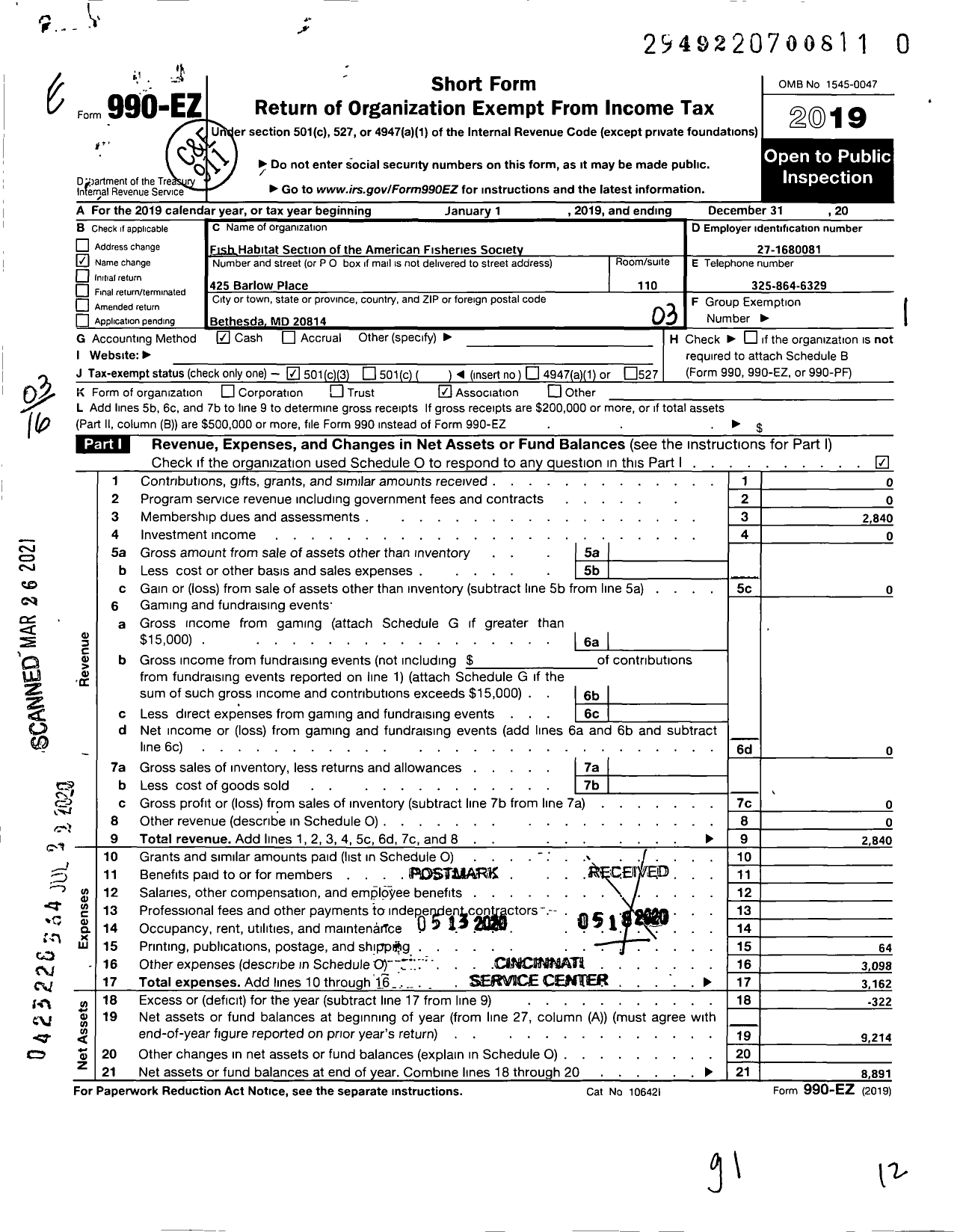 Image of first page of 2019 Form 990EZ for American Fisheries Society Fish Habitat Section