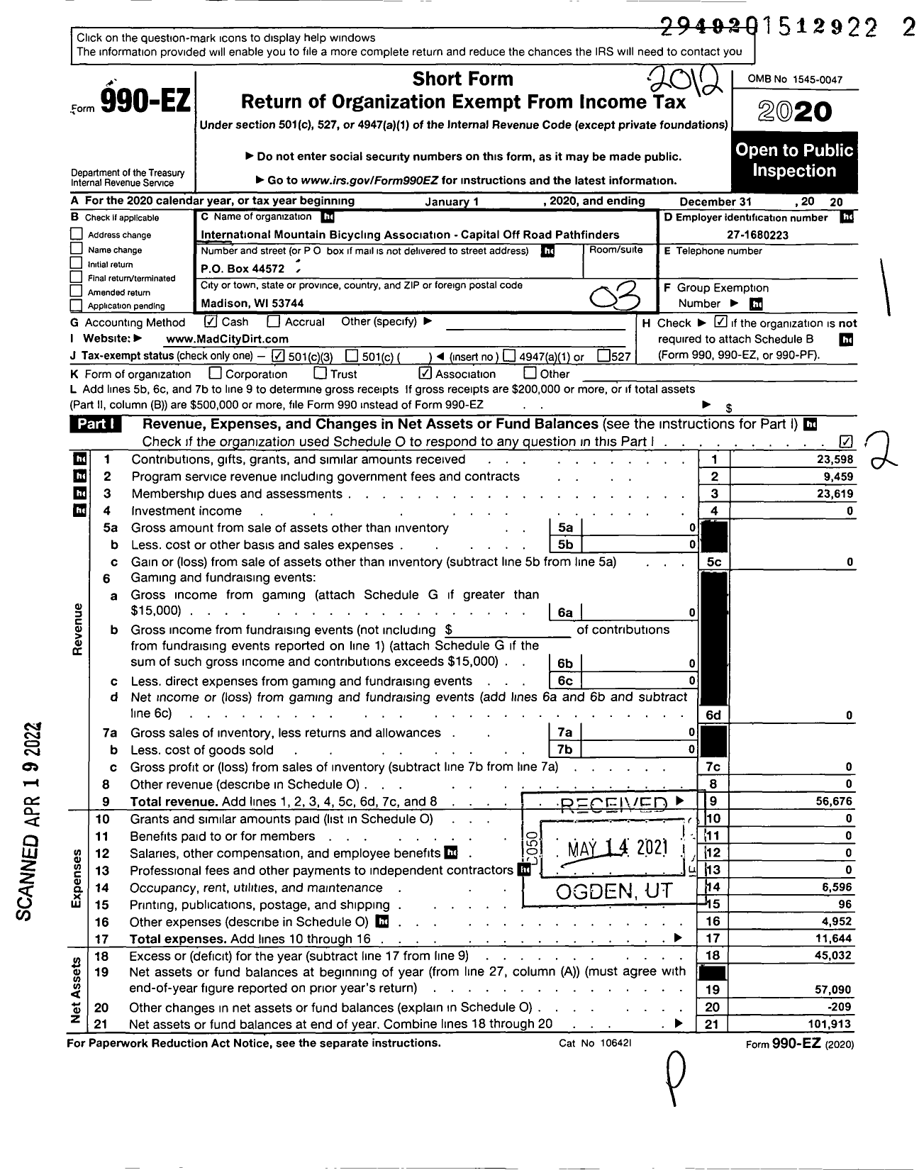 Image of first page of 2020 Form 990EZ for International Mountain Bicycling Assoc-Capital Off Road Pathfinders