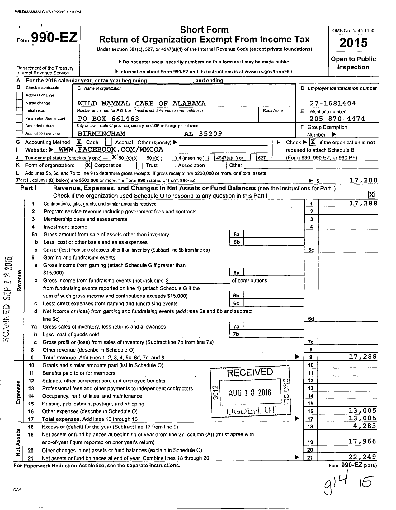 Image of first page of 2015 Form 990EZ for Wild Mammal Care of Alabama