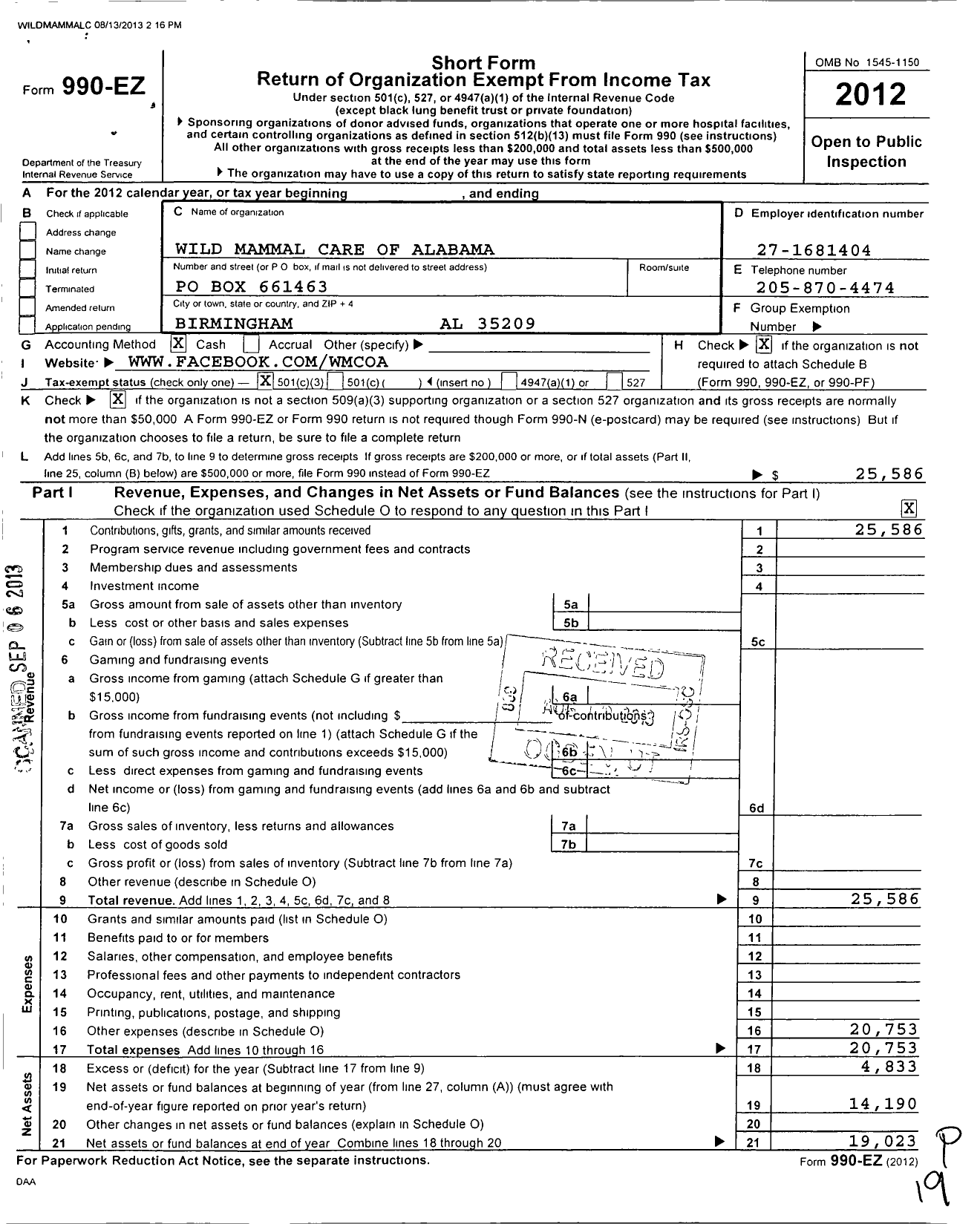 Image of first page of 2012 Form 990EZ for Wild Mammal Care of Alabama