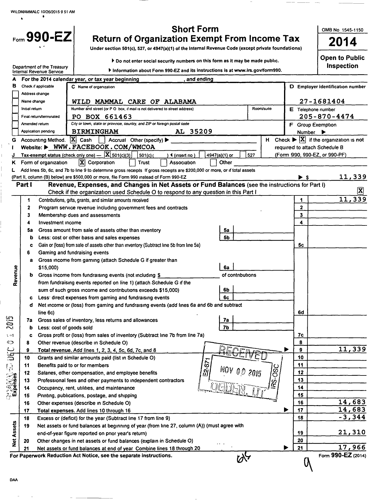 Image of first page of 2014 Form 990EZ for Wild Mammal Care of Alabama