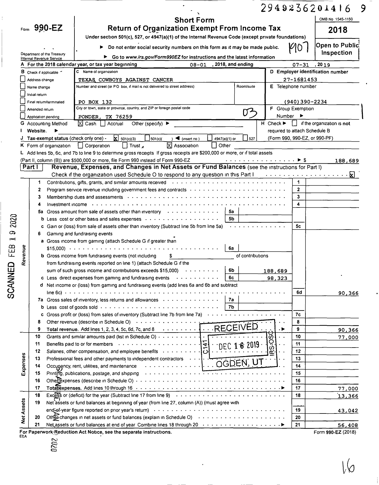 Image of first page of 2018 Form 990EZ for Texas Cowboys Against Cancer