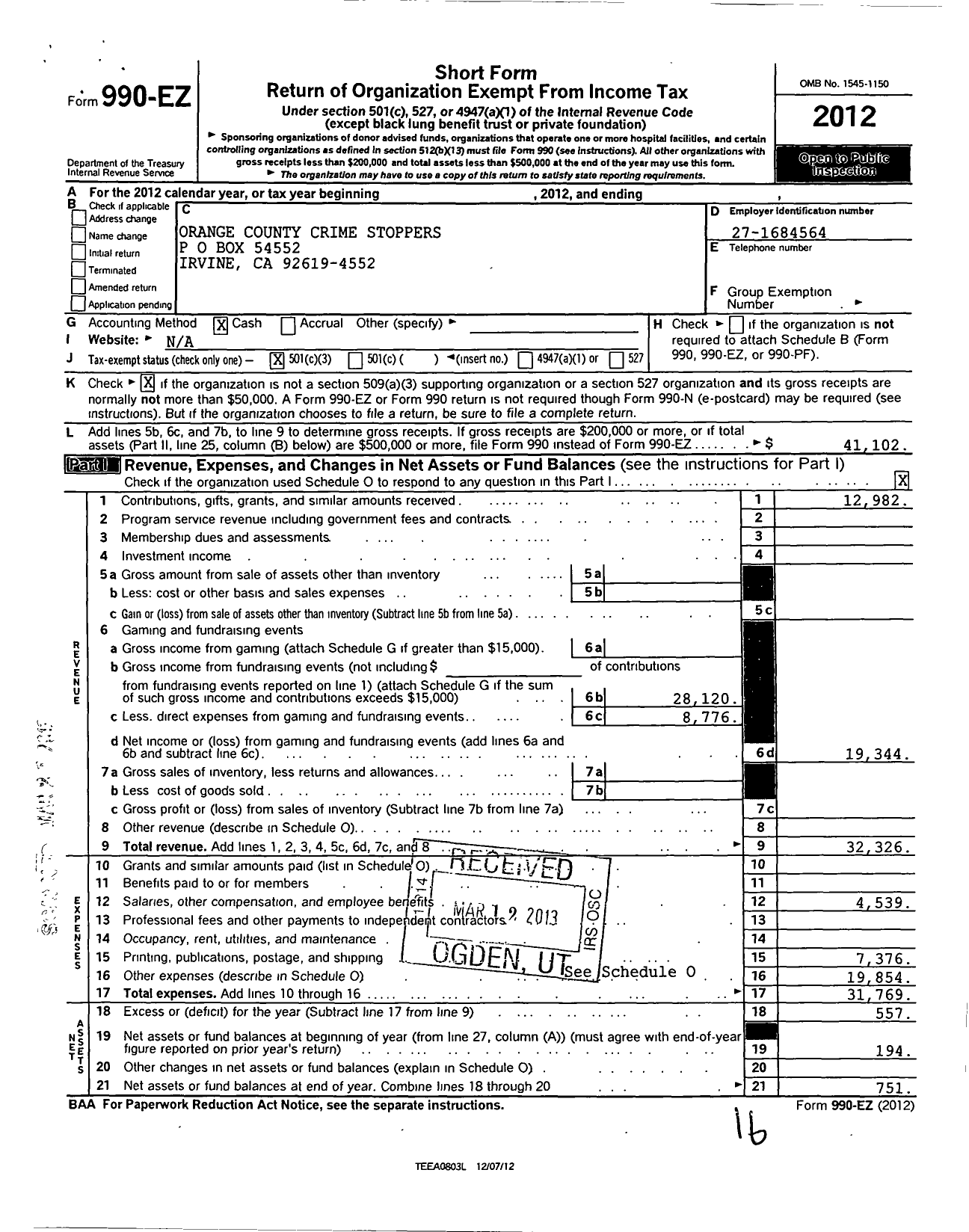 Image of first page of 2012 Form 990EZ for Orange County Crime Stoppers