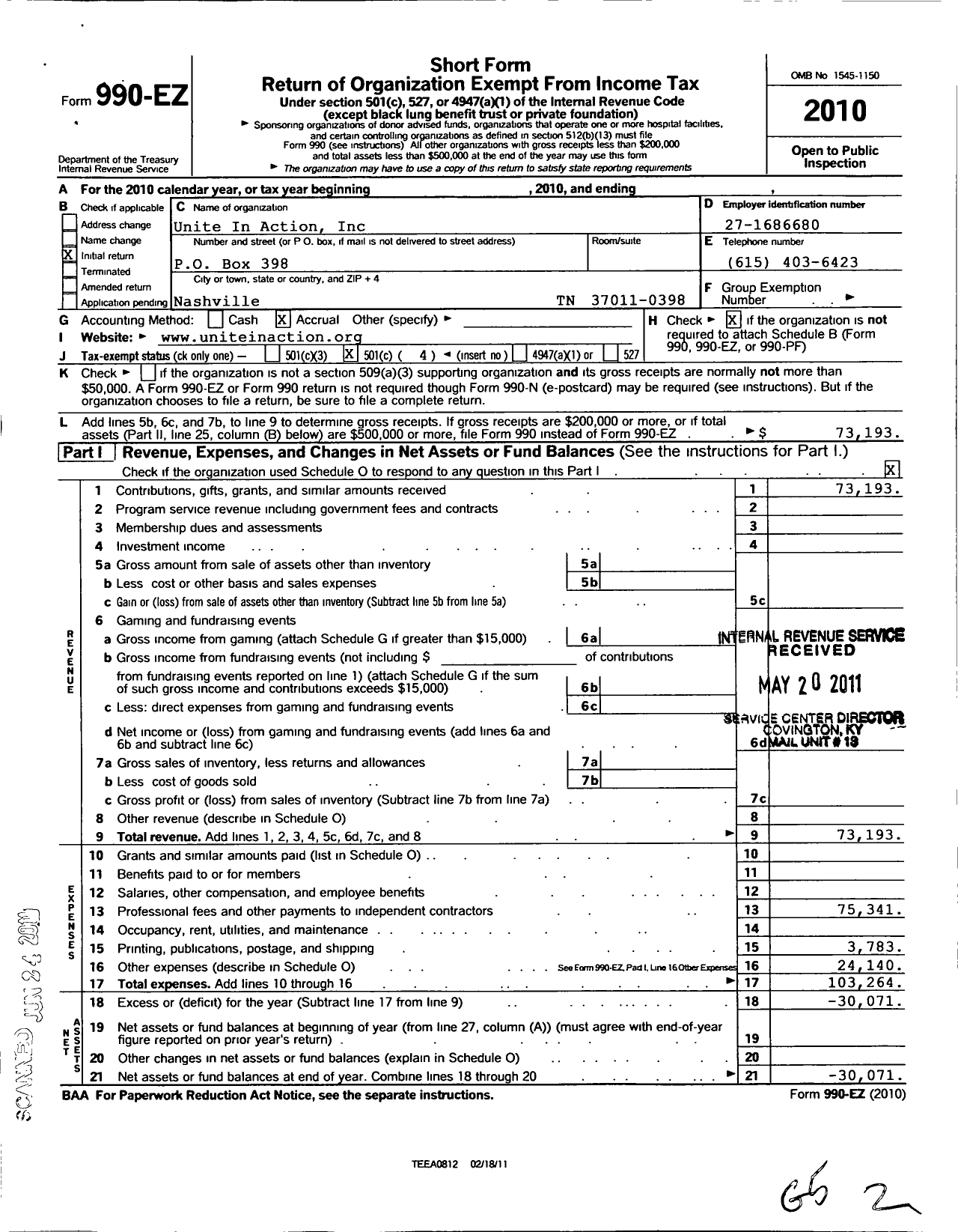 Image of first page of 2010 Form 990EO for Unite in Action (UIA)