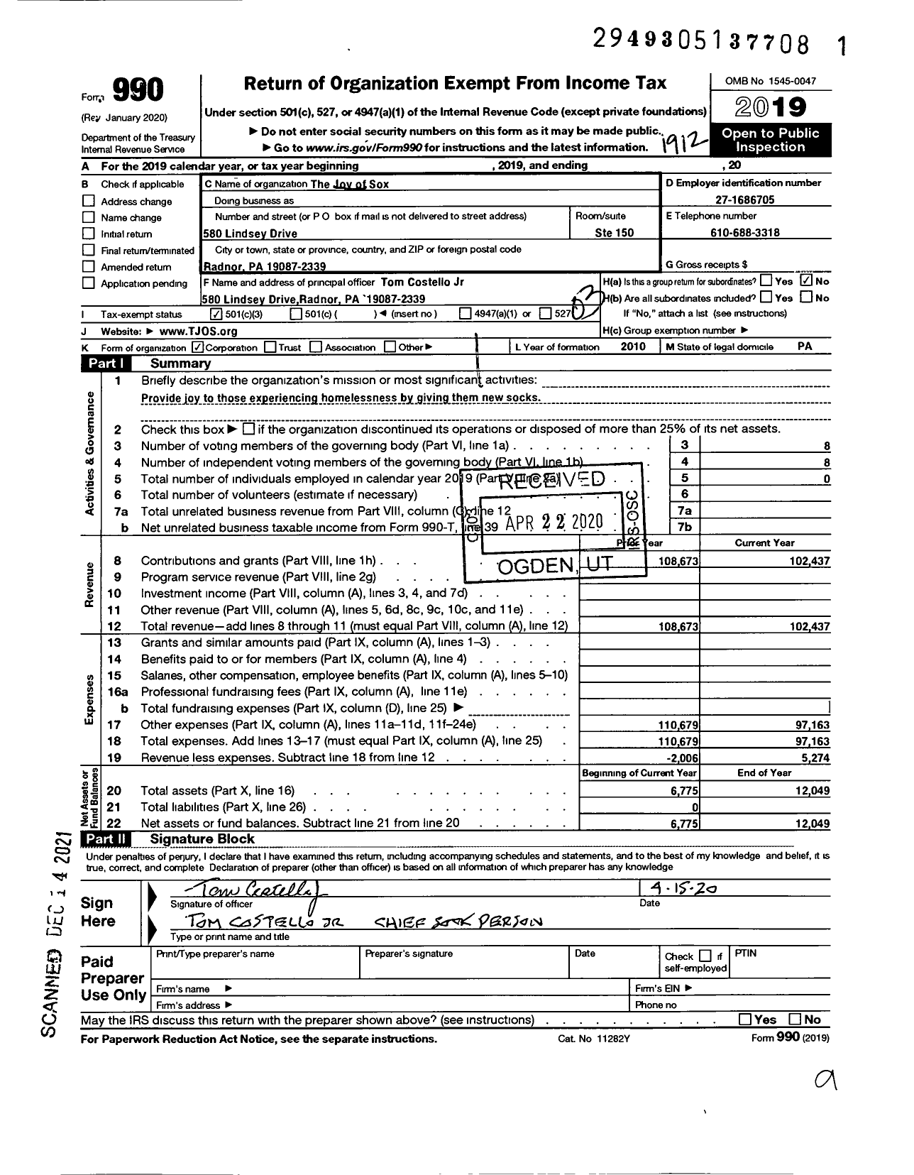 Image of first page of 2019 Form 990 for The Joy of Sox