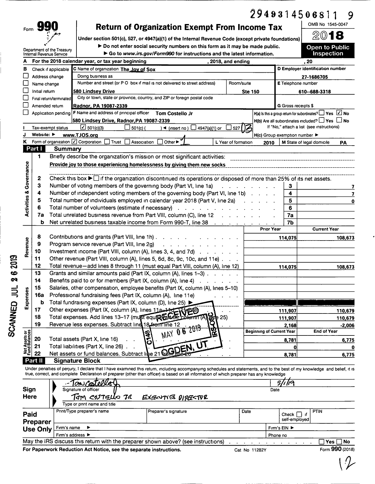 Image of first page of 2018 Form 990 for The Joy of Sox