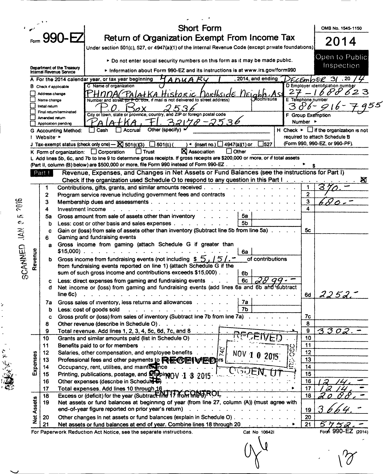 Image of first page of 2014 Form 990EZ for PALATKA HISTORIC NORTHSIDE Neighborhood Association