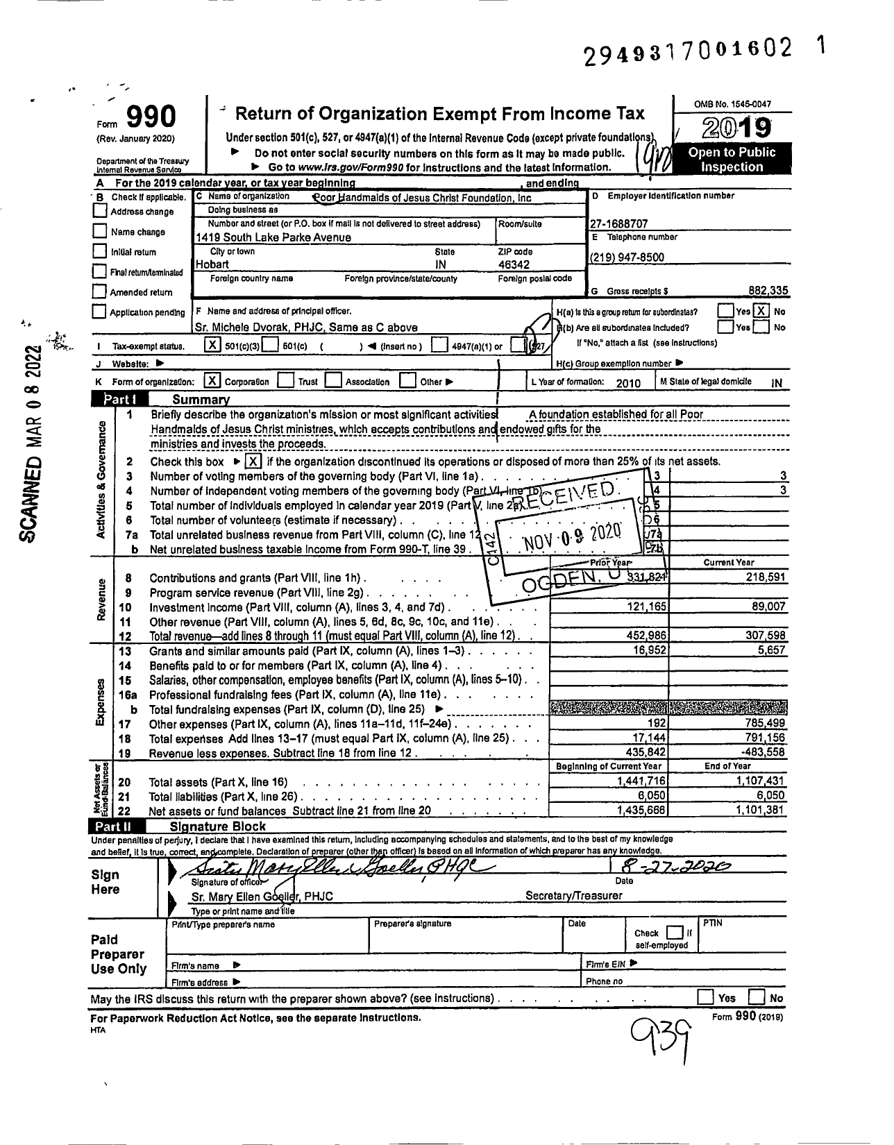 Image of first page of 2019 Form 990 for Poor Handmaids of Jesus Christ Foundation