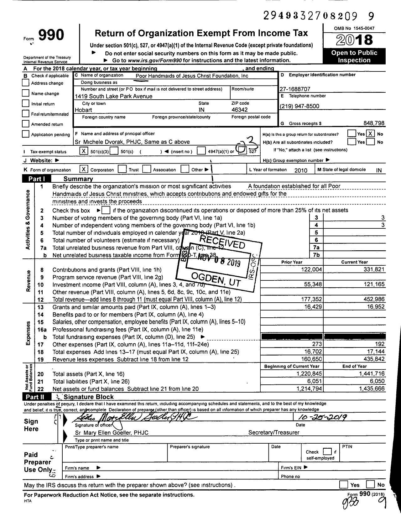 Image of first page of 2018 Form 990 for Poor Handmaids of Jesus Christ Foundation