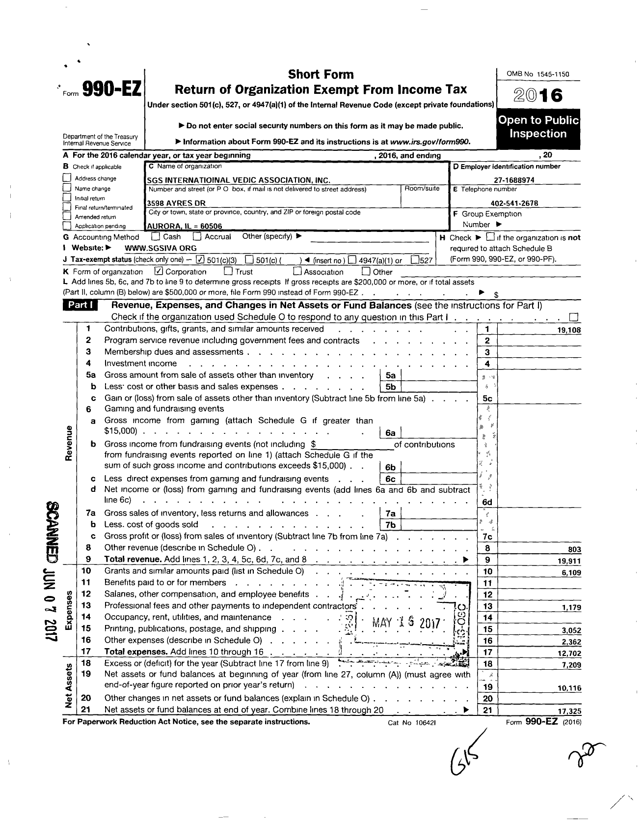 Image of first page of 2016 Form 990EZ for SGS International Vedic Association