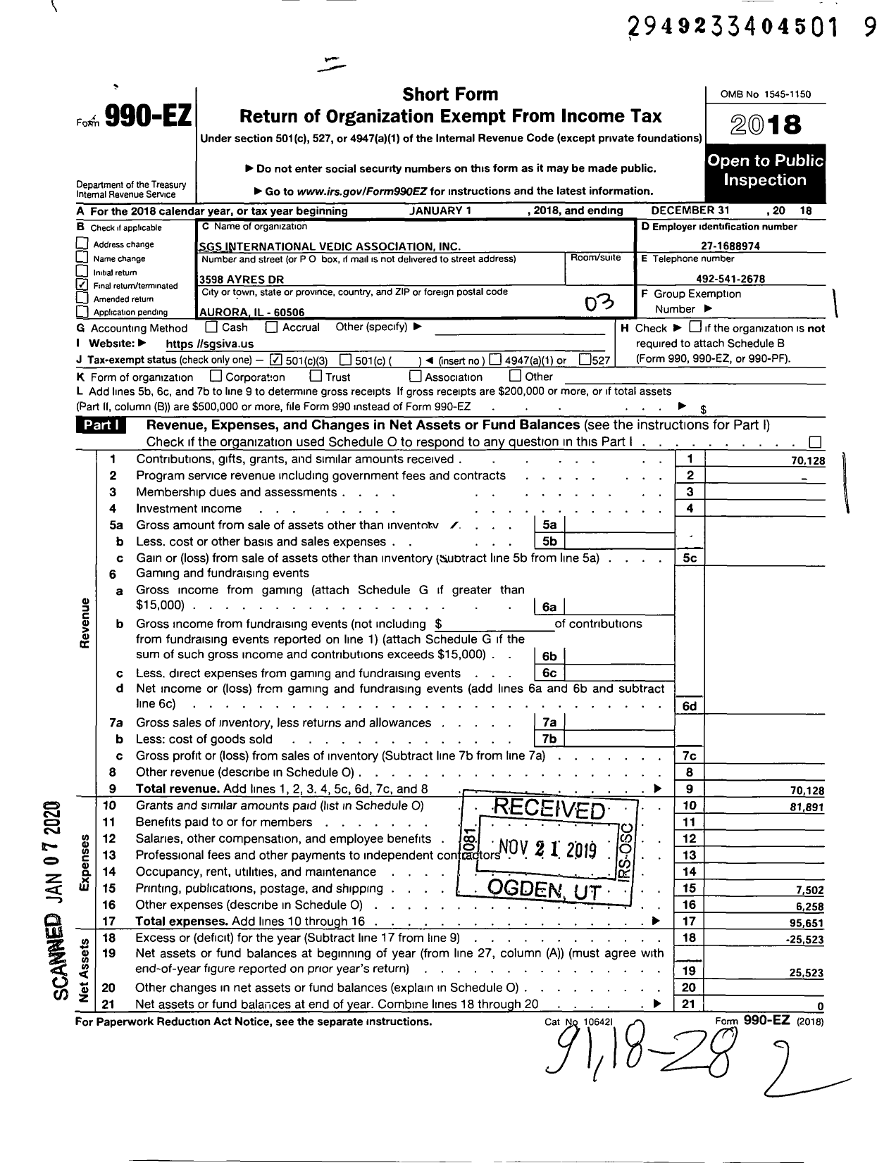 Image of first page of 2018 Form 990EZ for SGS International Vedic Association