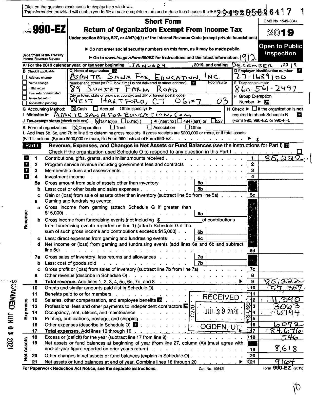 Image of first page of 2019 Form 990EZ for Asante Sana for Education