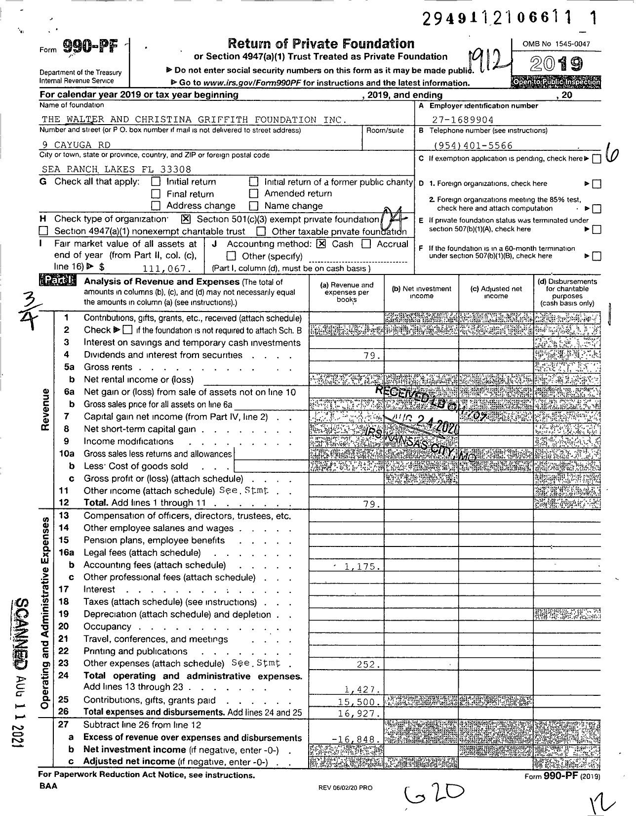 Image of first page of 2019 Form 990PF for The Walter and Christina Griffith Foundation