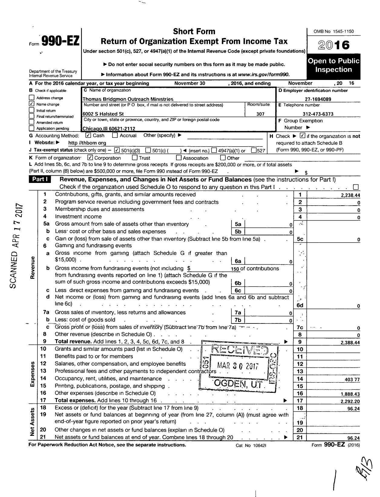 Image of first page of 2015 Form 990EZ for Outreach Chicago