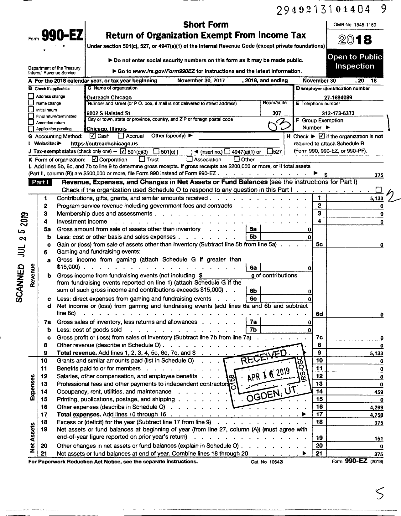 Image of first page of 2017 Form 990EZ for Outreach Chicago