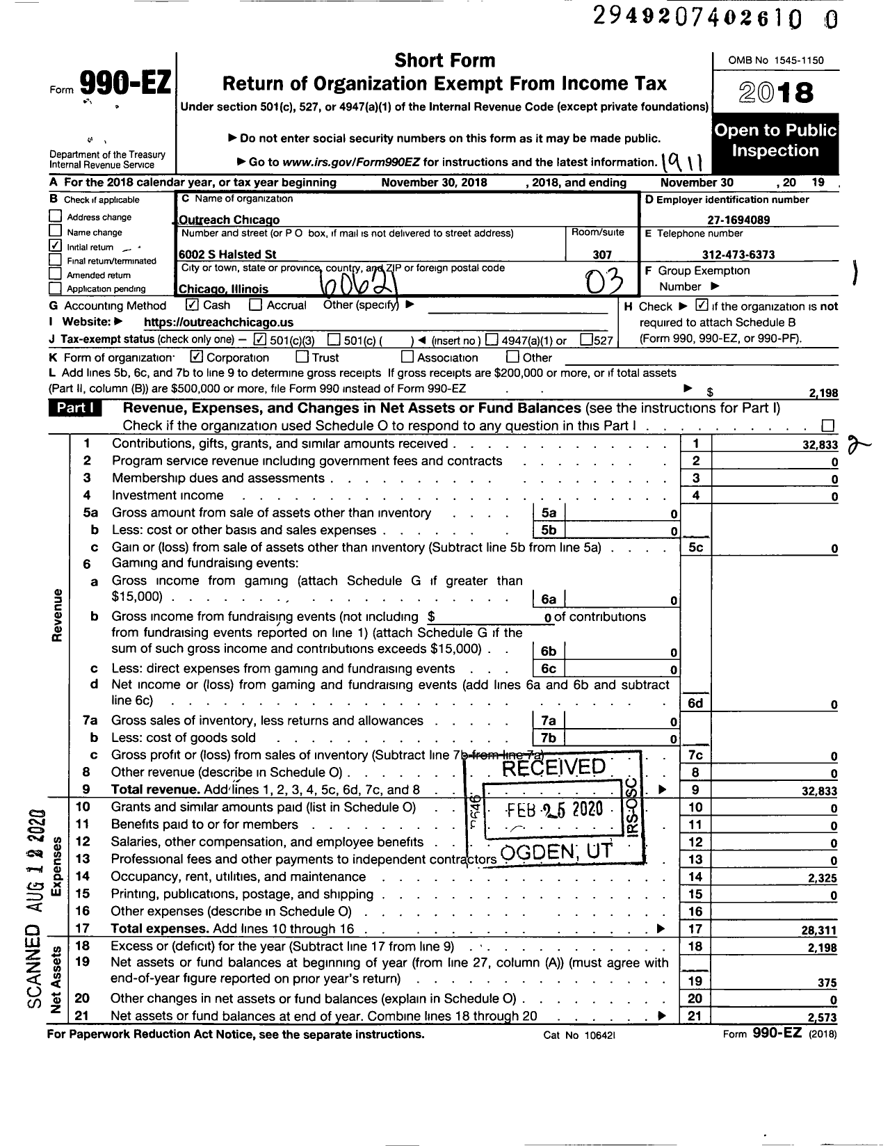 Image of first page of 2018 Form 990EZ for Outreach Chicago