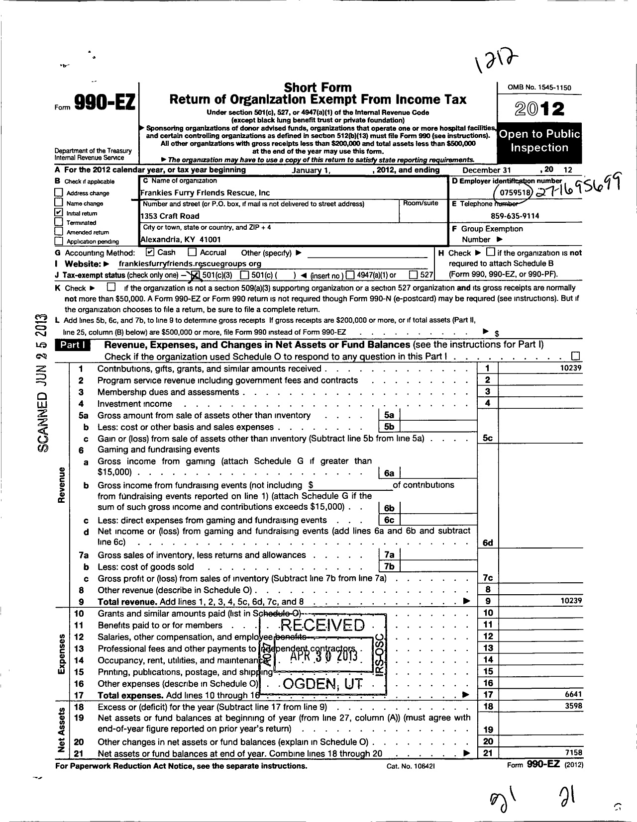 Image of first page of 2012 Form 990EZ for Frankies Furry Friends Rescue