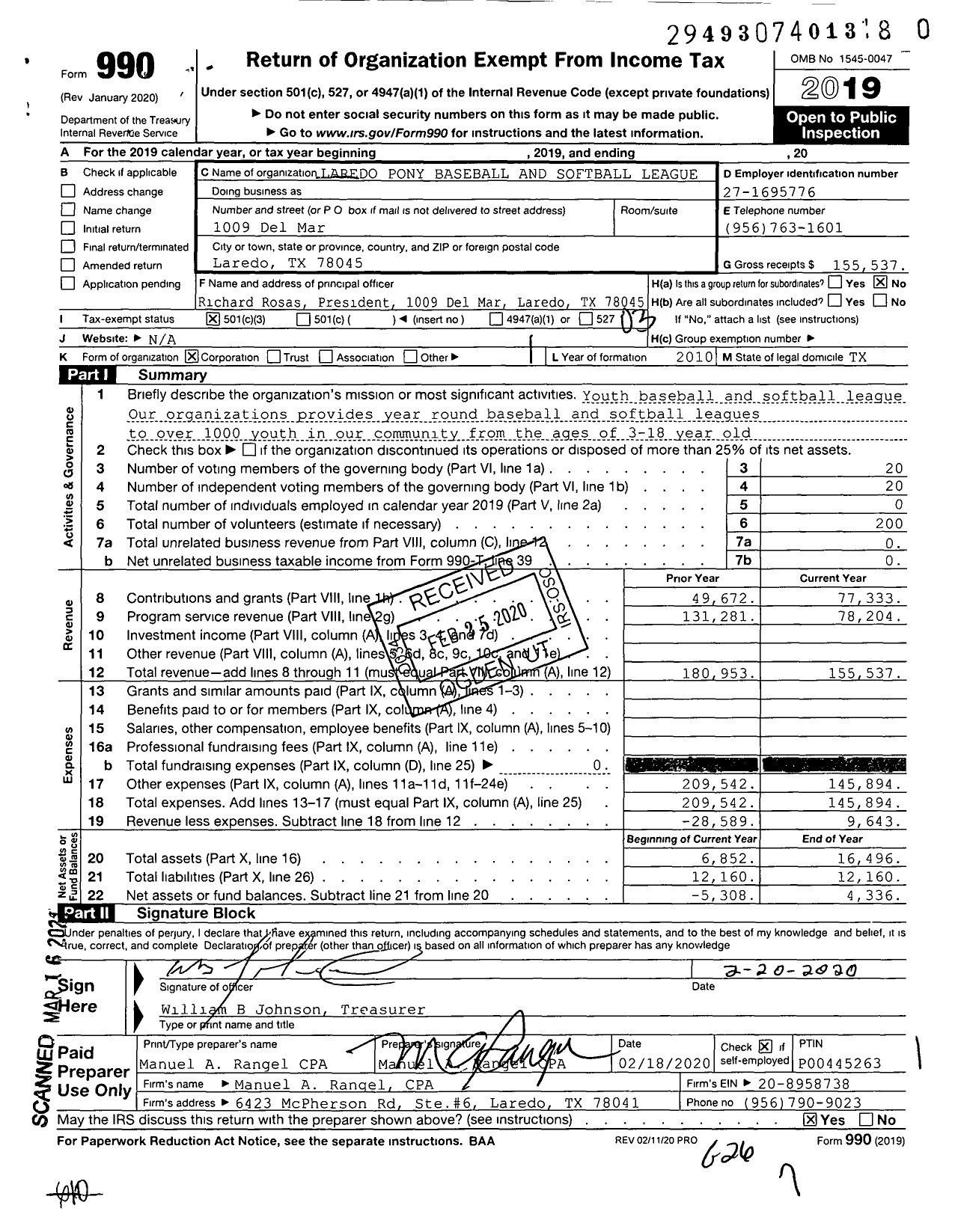 Image of first page of 2019 Form 990 for Laredo Pony Baseball and Softball League