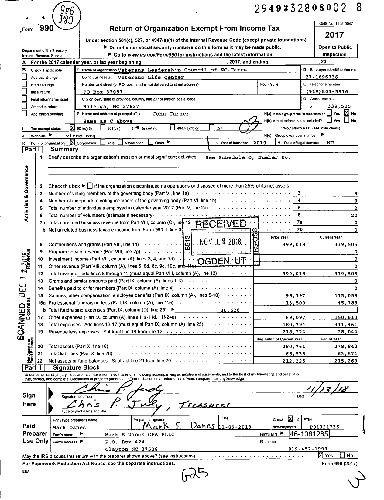 Image of first page of 2017 Form 990 for Veterans Life Center