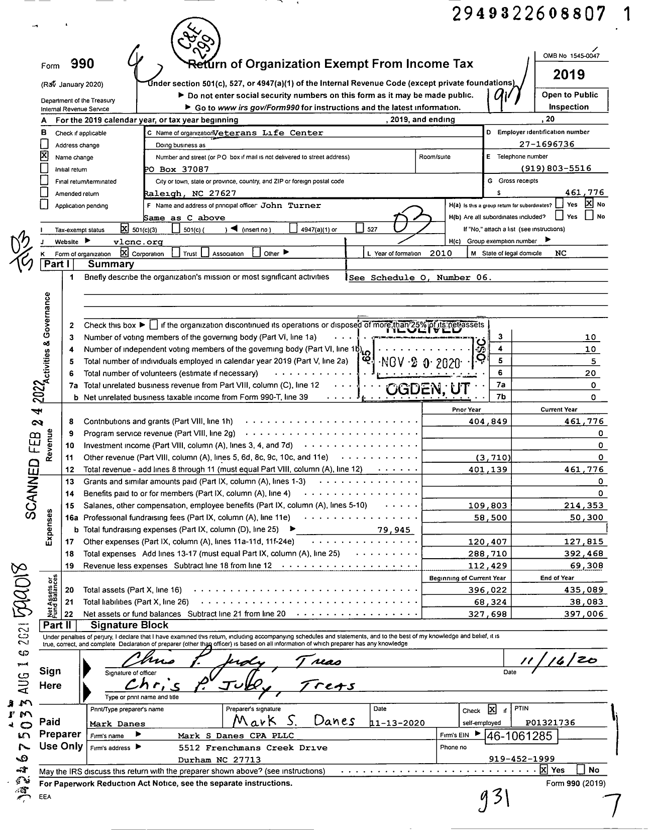 Image of first page of 2019 Form 990 for Veterans Life Center