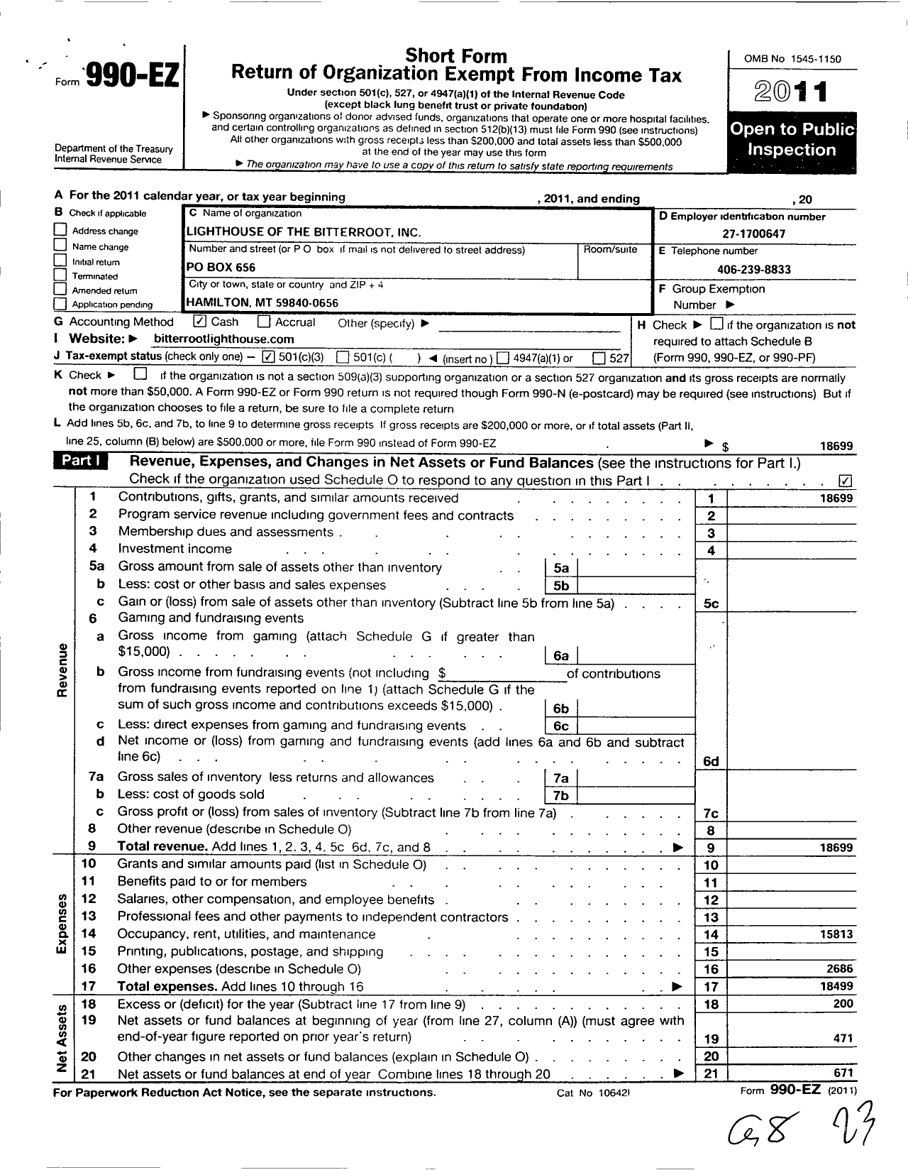 Image of first page of 2011 Form 990EZ for Family Shelter of the Bitterroot