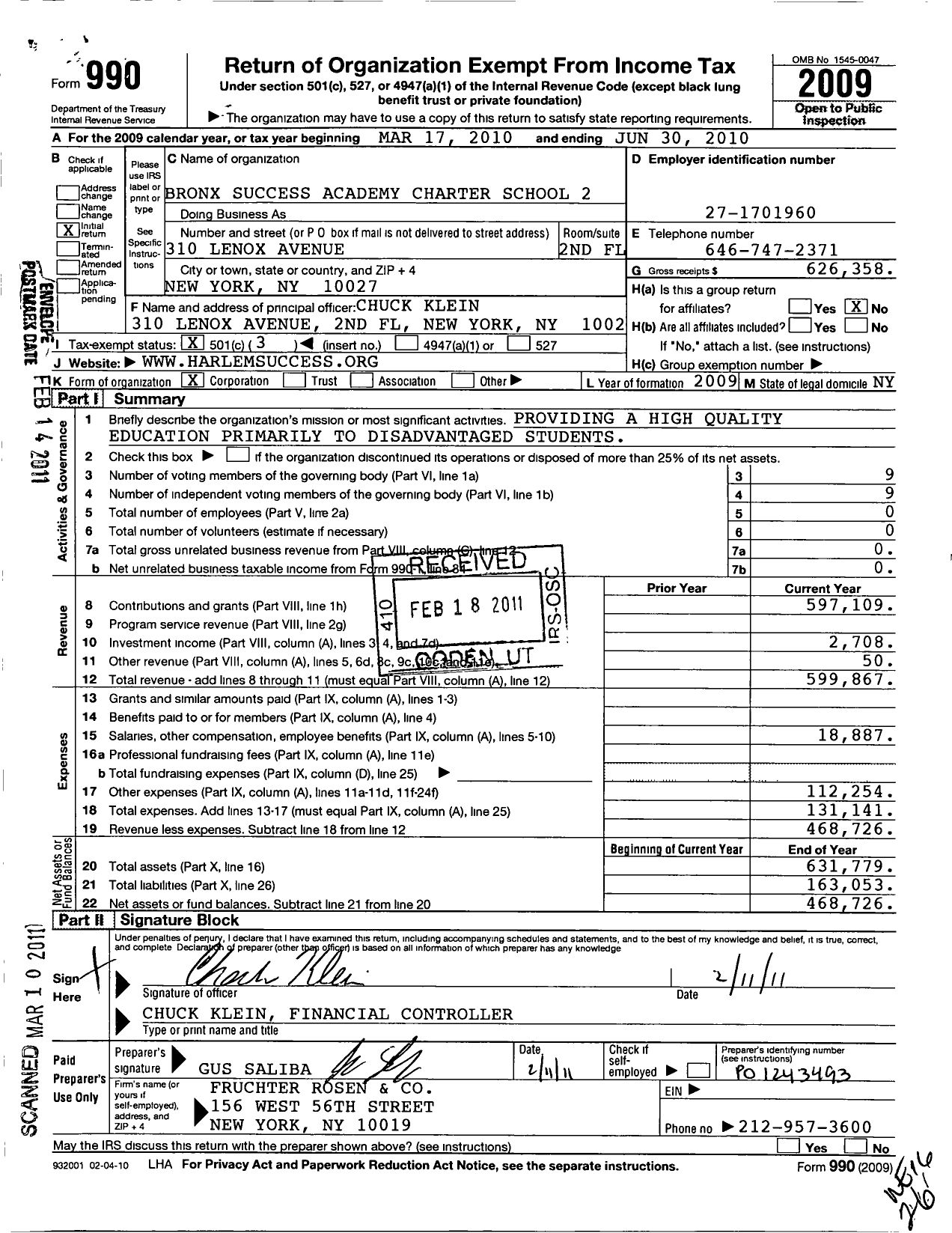 Image of first page of 2009 Form 990 for Bronx Success Academy Charter School 2