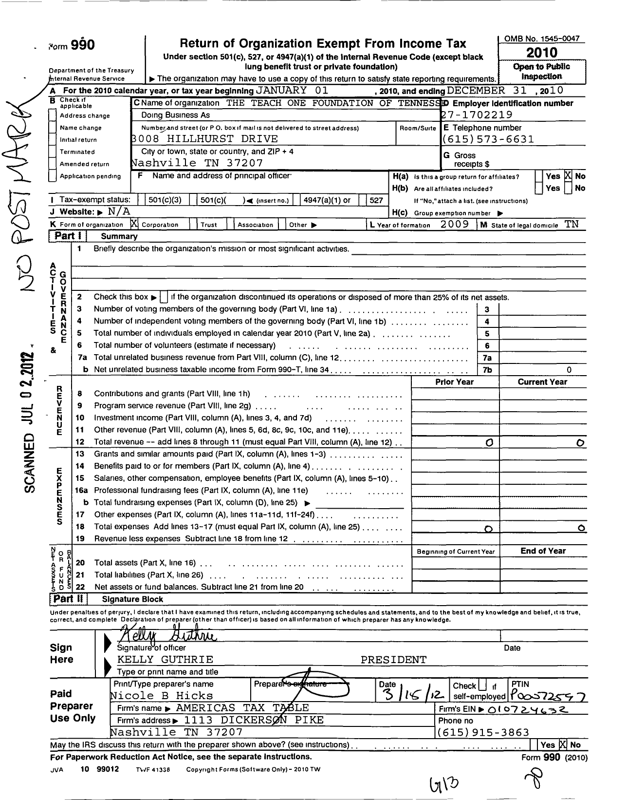 Image of first page of 2010 Form 990O for All in All Starz