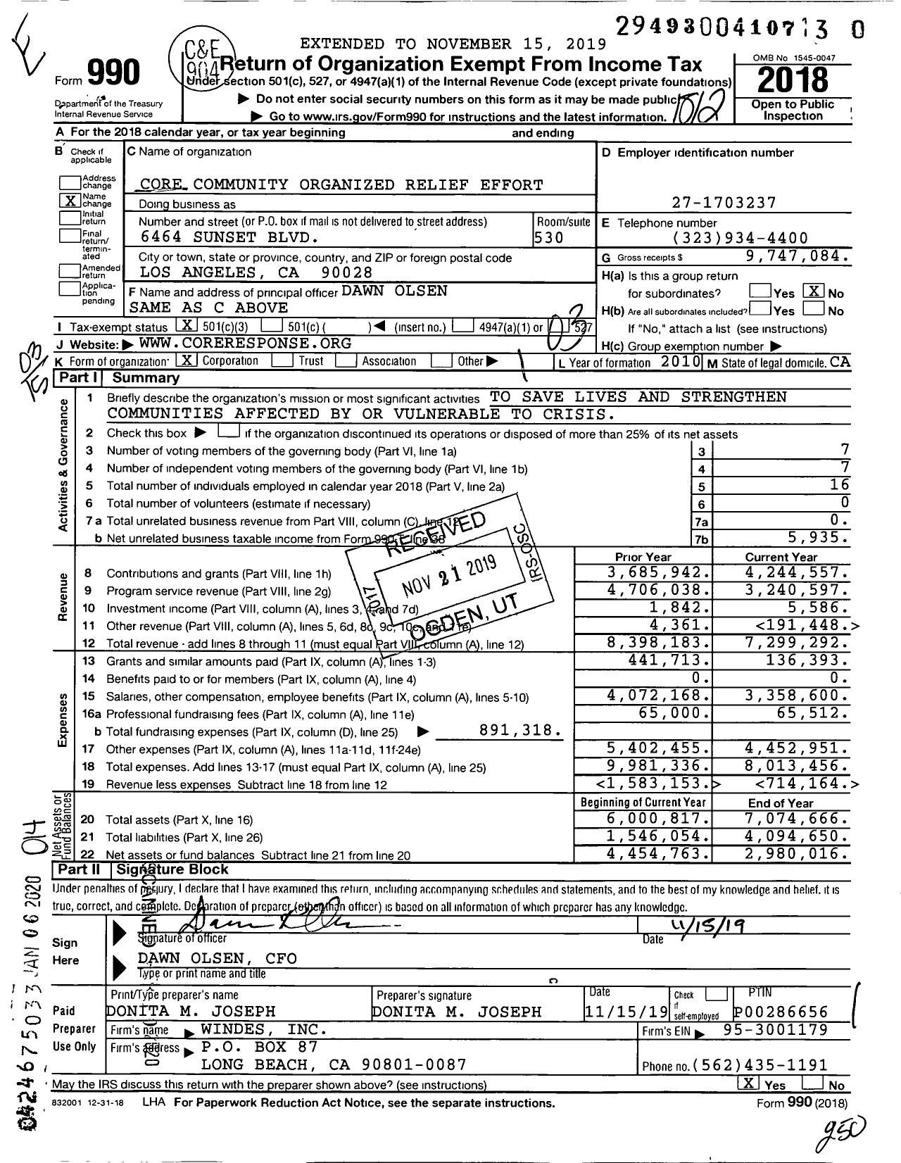Image of first page of 2018 Form 990 for Core Community Organized Relief Effort (J/P HRO)