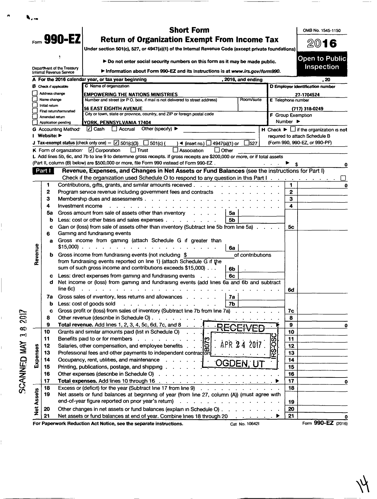 Image of first page of 2016 Form 990EZ for Empowering the Nations Ministries