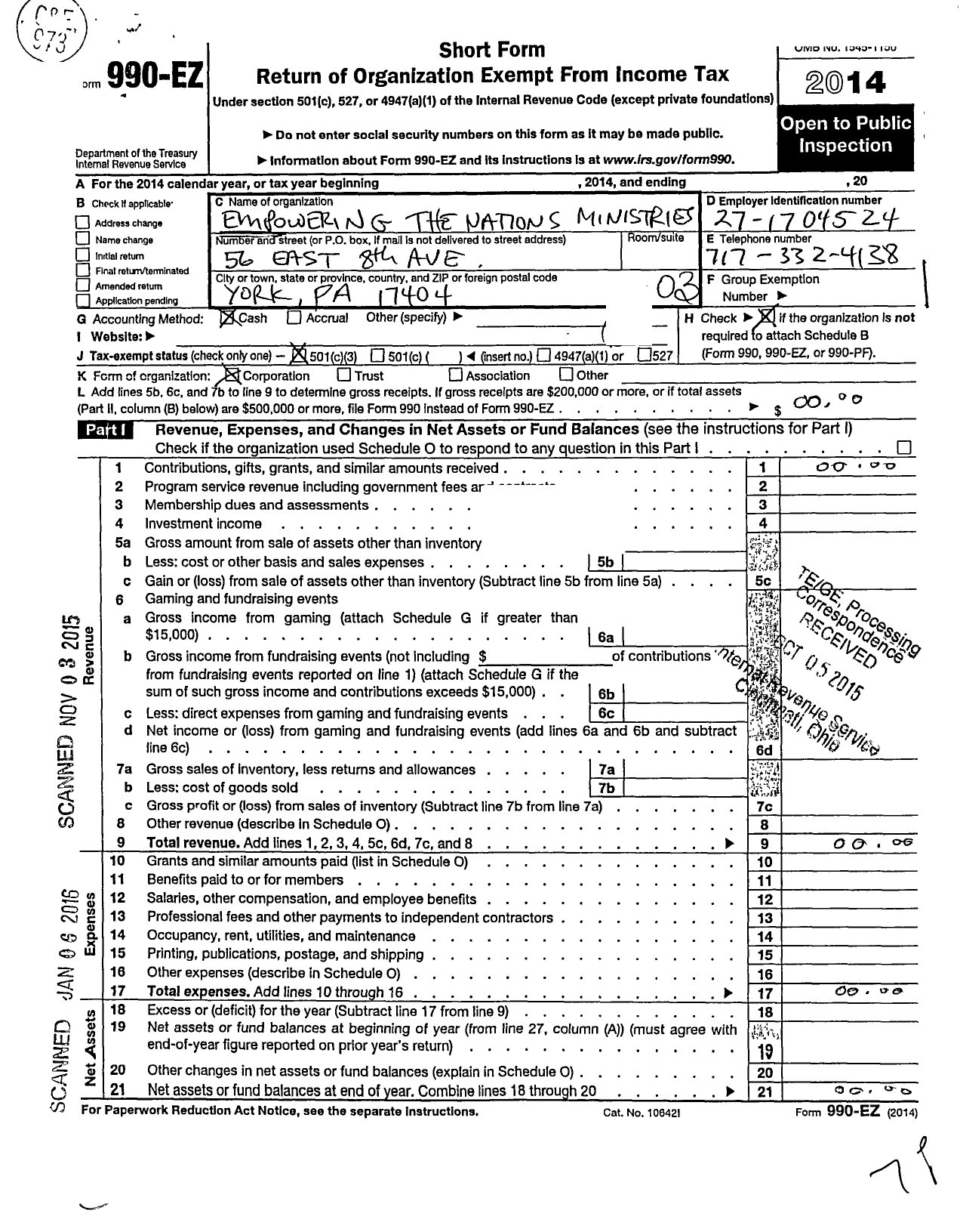 Image of first page of 2014 Form 990EZ for Empowering the Nations Ministries