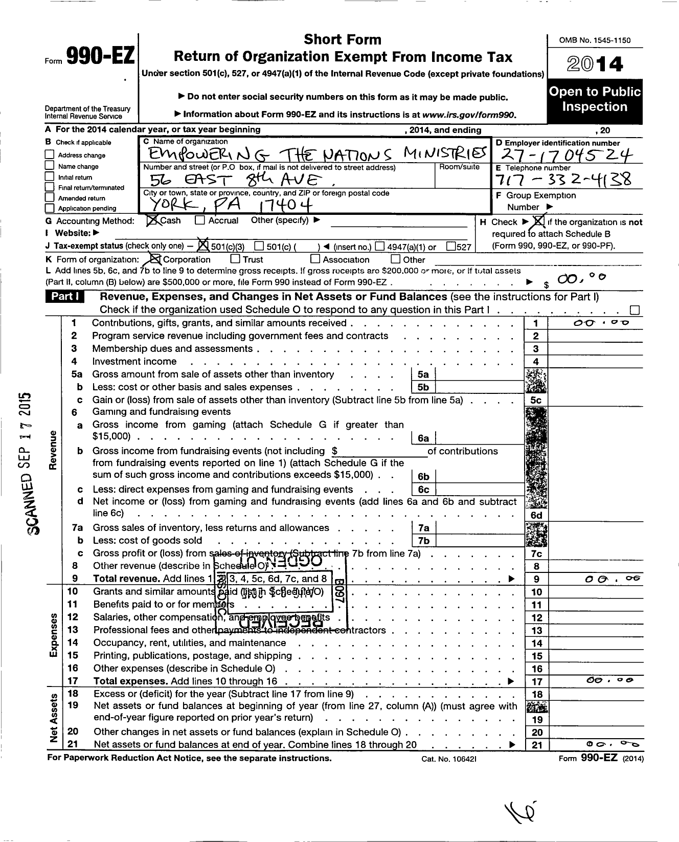 Image of first page of 2014 Form 990EZ for Empowering the Nations Ministries