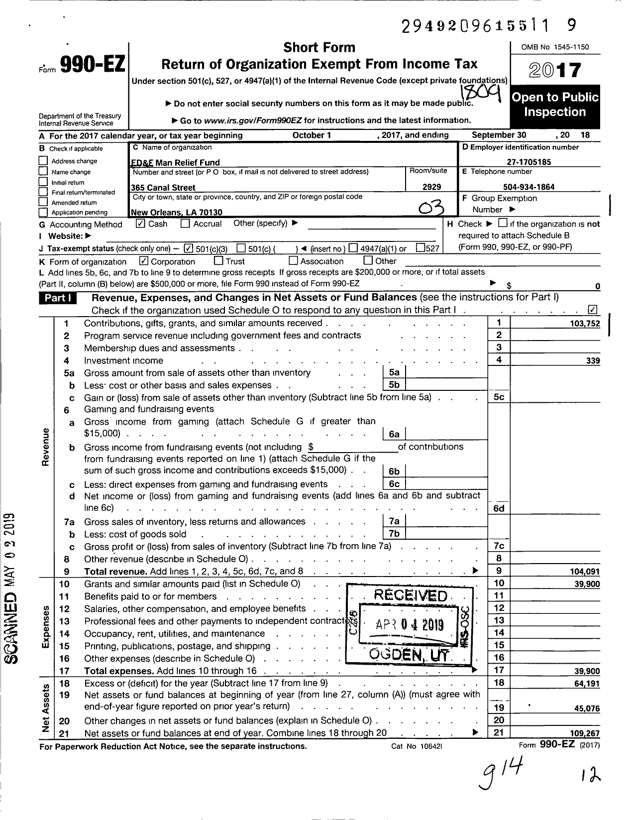 Image of first page of 2017 Form 990EZ for E D and F Relief Fund