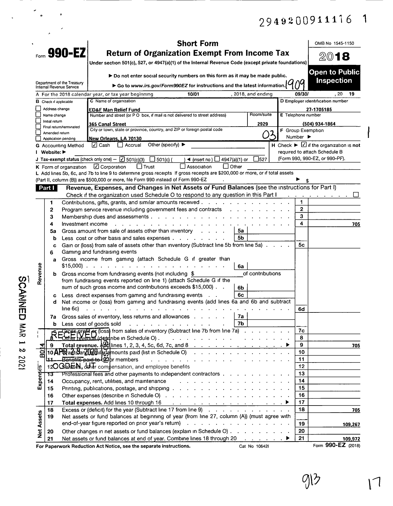 Image of first page of 2018 Form 990EZ for E D and F Relief Fund