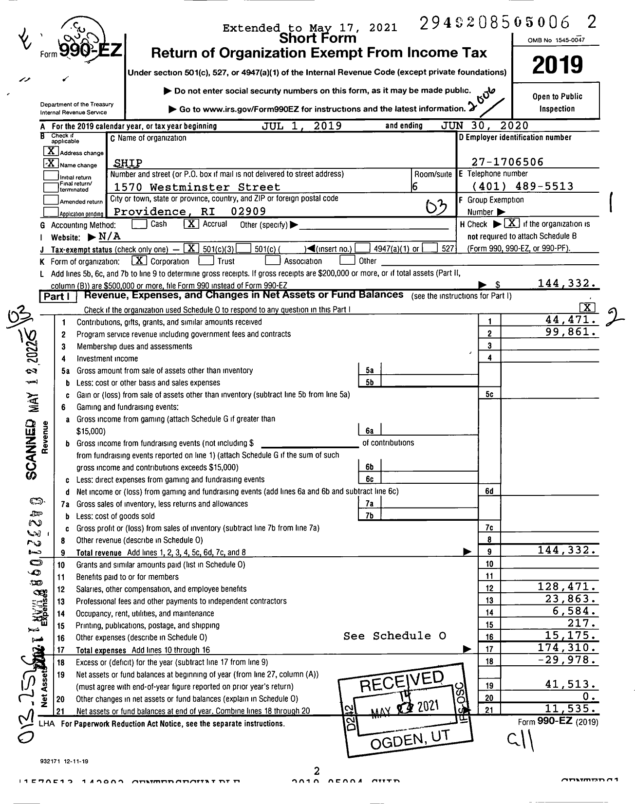 Image of first page of 2019 Form 990EZ for Ship