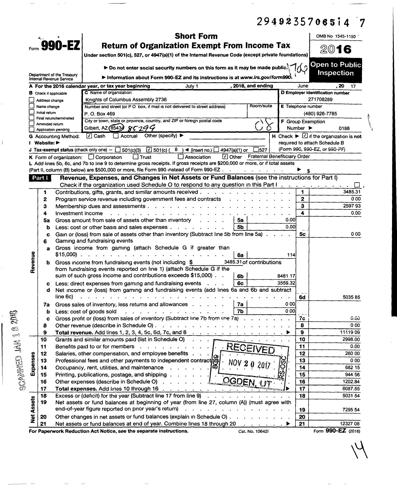 Image of first page of 2016 Form 990EO for Knights of Columbus - 2736 Rev MSGR Paul Koscienlniak