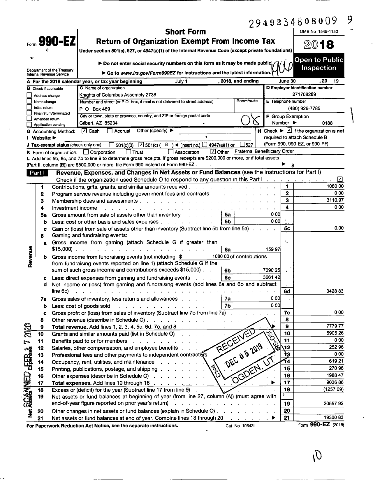 Image of first page of 2018 Form 990EO for Knights of Columbus - 2736 Rev MSGR Paul Koscienlniak