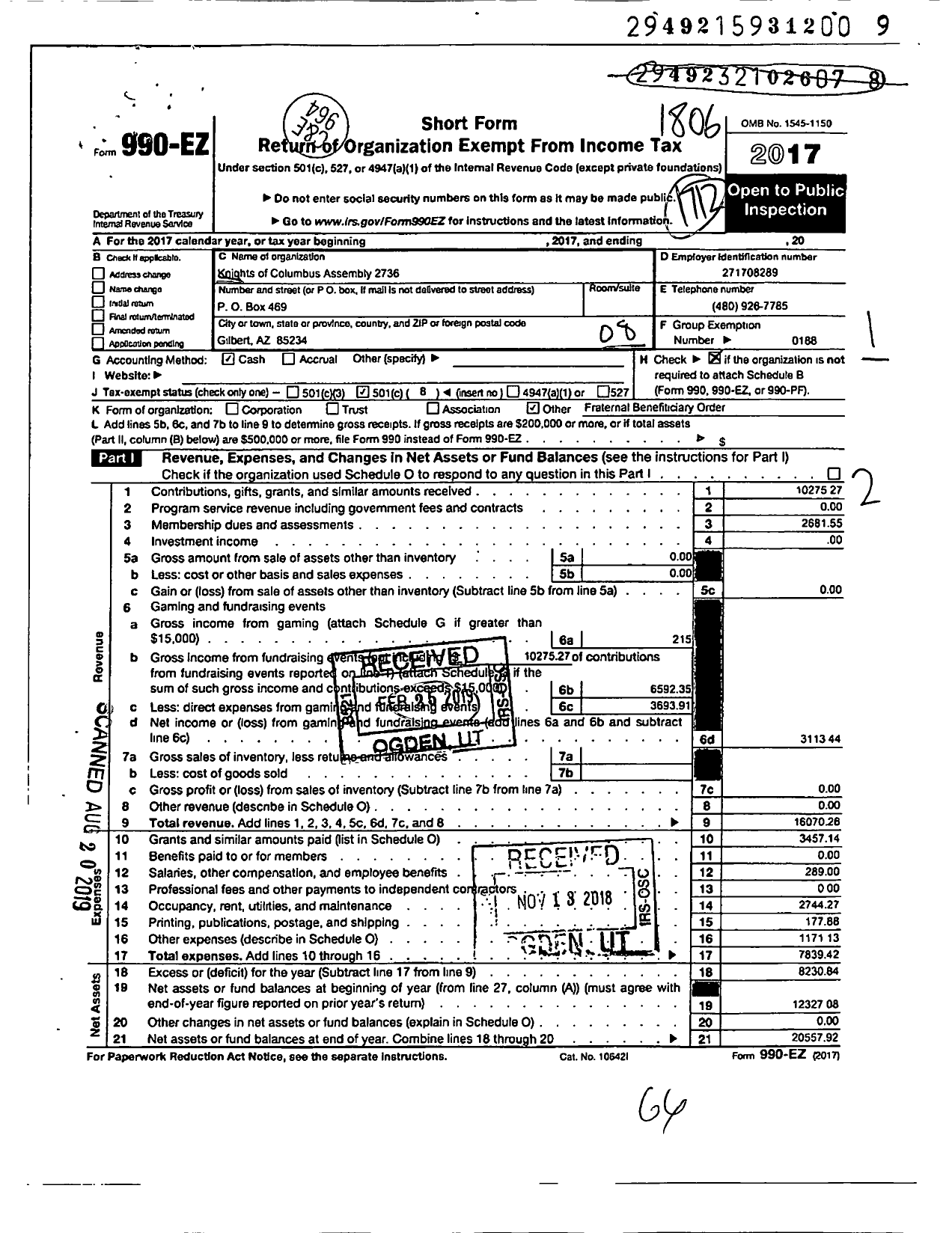 Image of first page of 2017 Form 990EO for Knights of Columbus - 2736 Rev MSGR Paul Koscienlniak