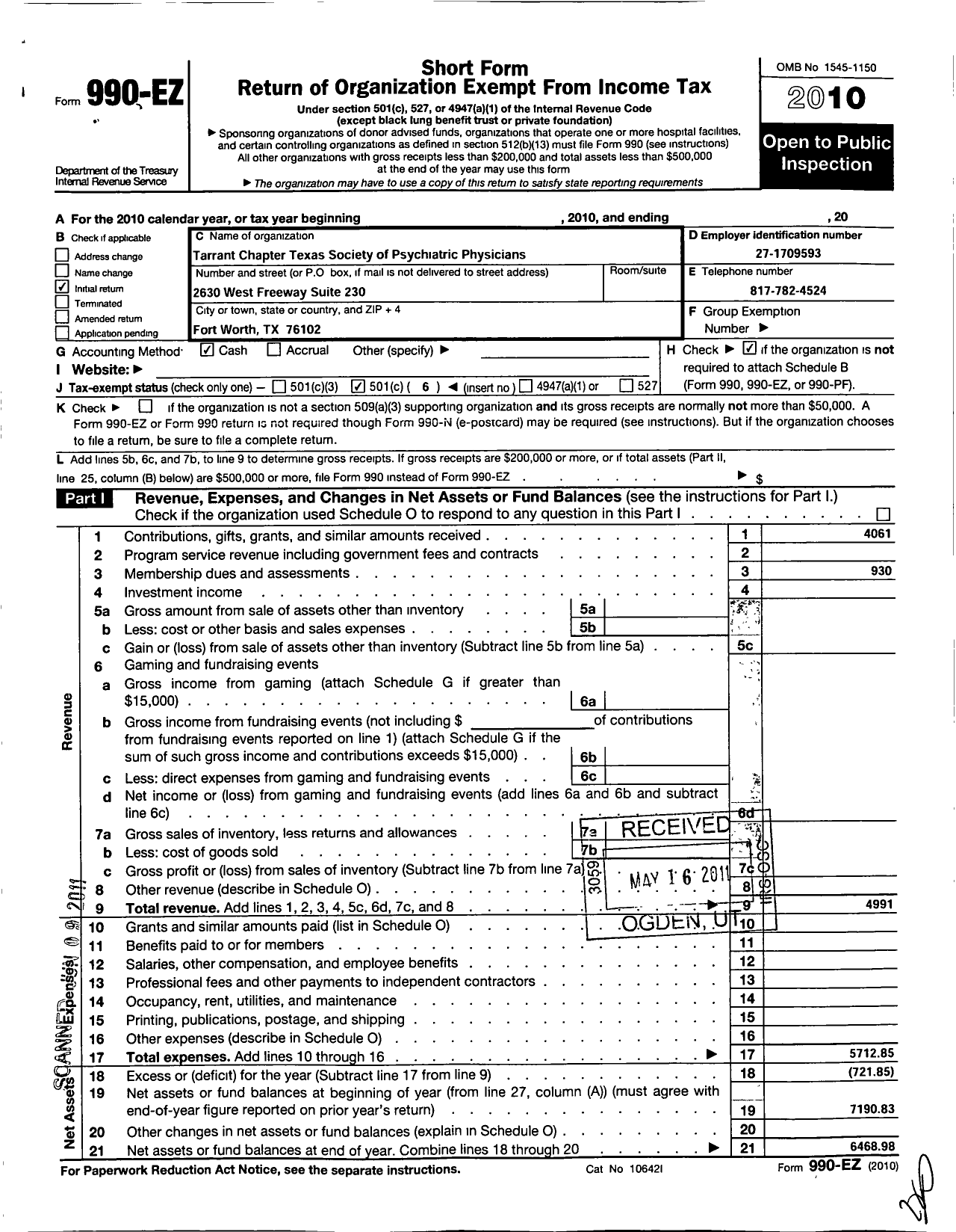 Image of first page of 2010 Form 990EO for Tarrant Chapter Texas Society of Psychiatric Physicians