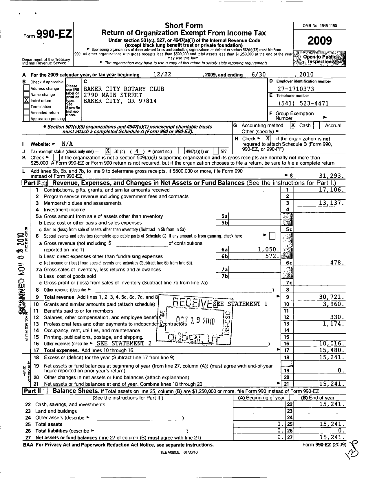 Image of first page of 2009 Form 990EO for Rotary International - Baker City