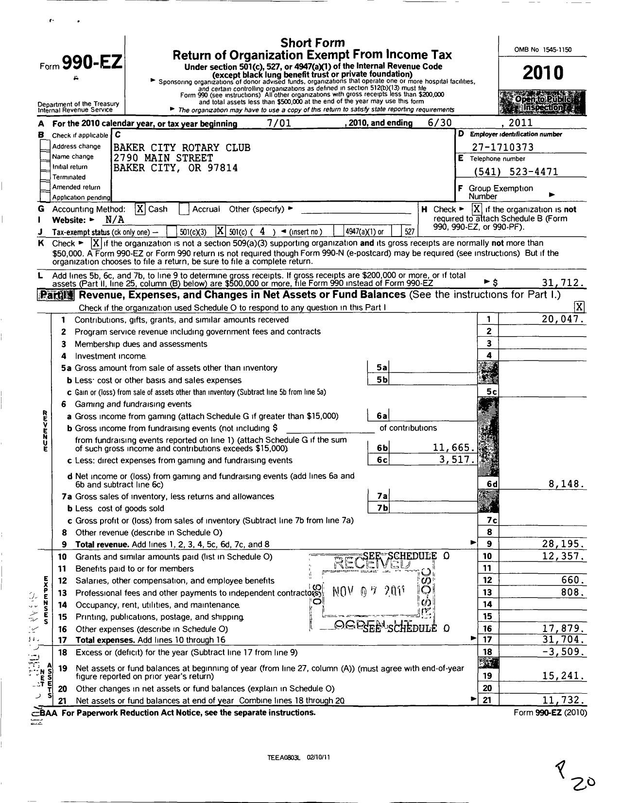 Image of first page of 2010 Form 990EO for Rotary International - Baker City