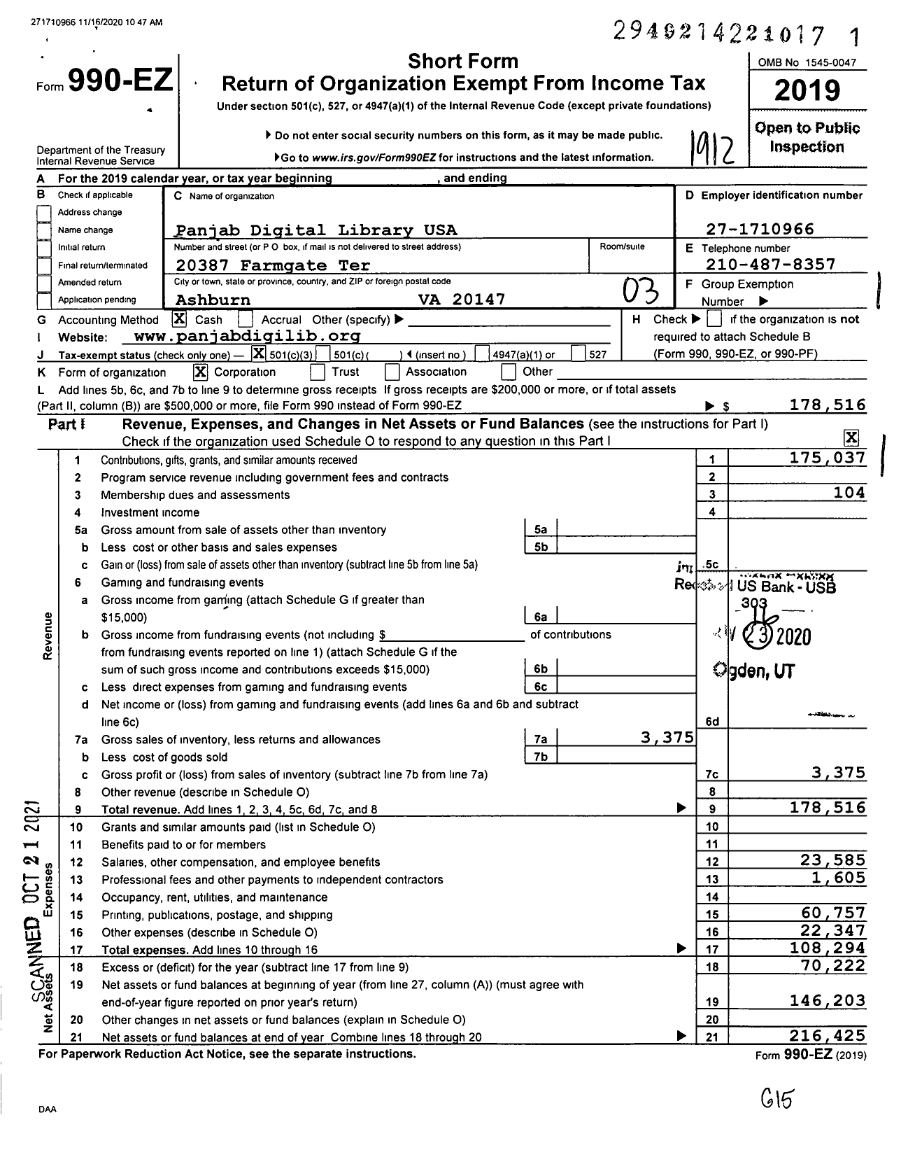 Image of first page of 2019 Form 990EZ for Panjab Digital Library USA (PDL)