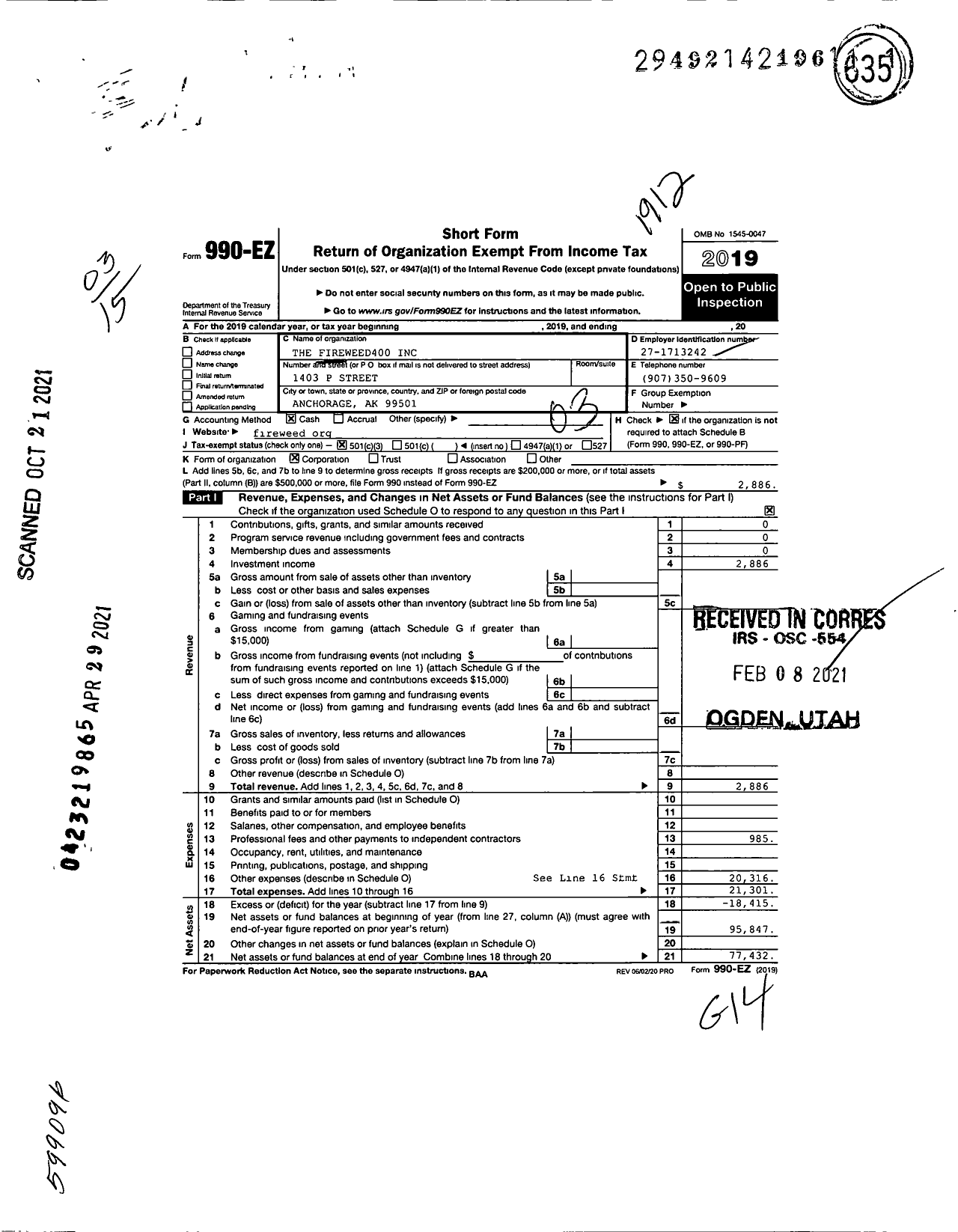 Image of first page of 2019 Form 990EZ for The Fireweed400