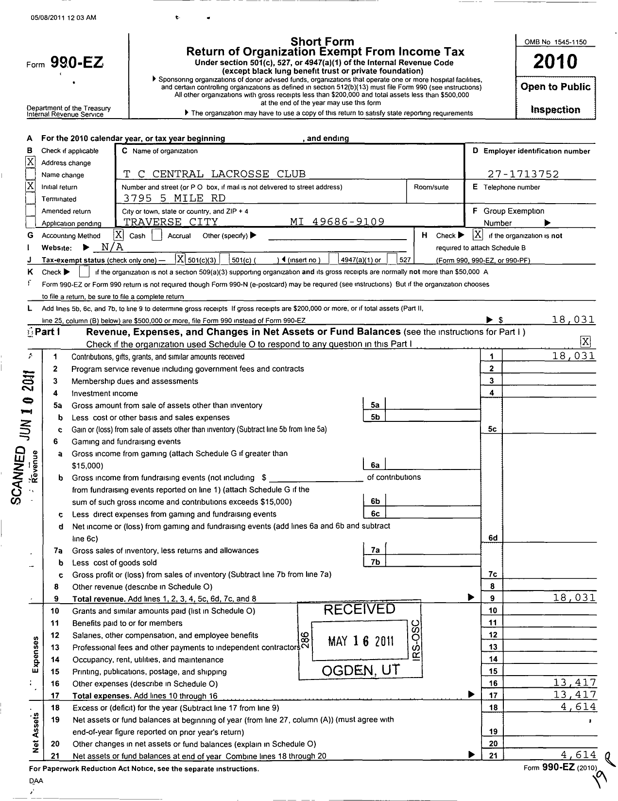 Image of first page of 2010 Form 990EZ for Traverse City Central Lacrosse Club