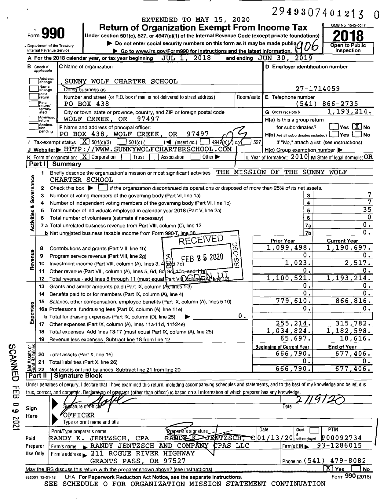 Image of first page of 2018 Form 990 for Sunny Wolf Charter School