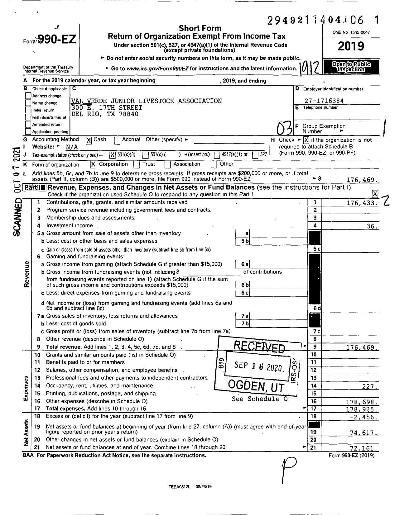 Image of first page of 2019 Form 990EZ for Val Verde Junior Livestock Association