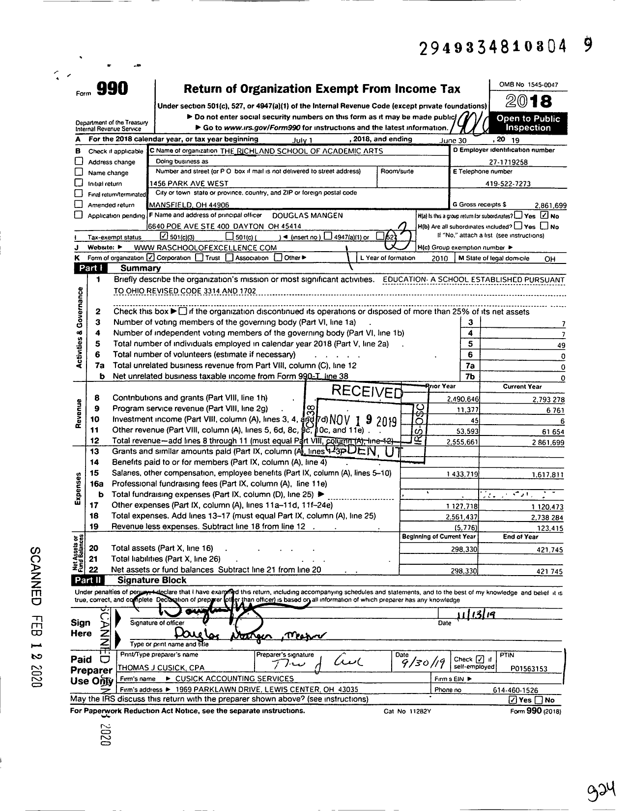 Image of first page of 2018 Form 990 for Richland School at Richland Academy