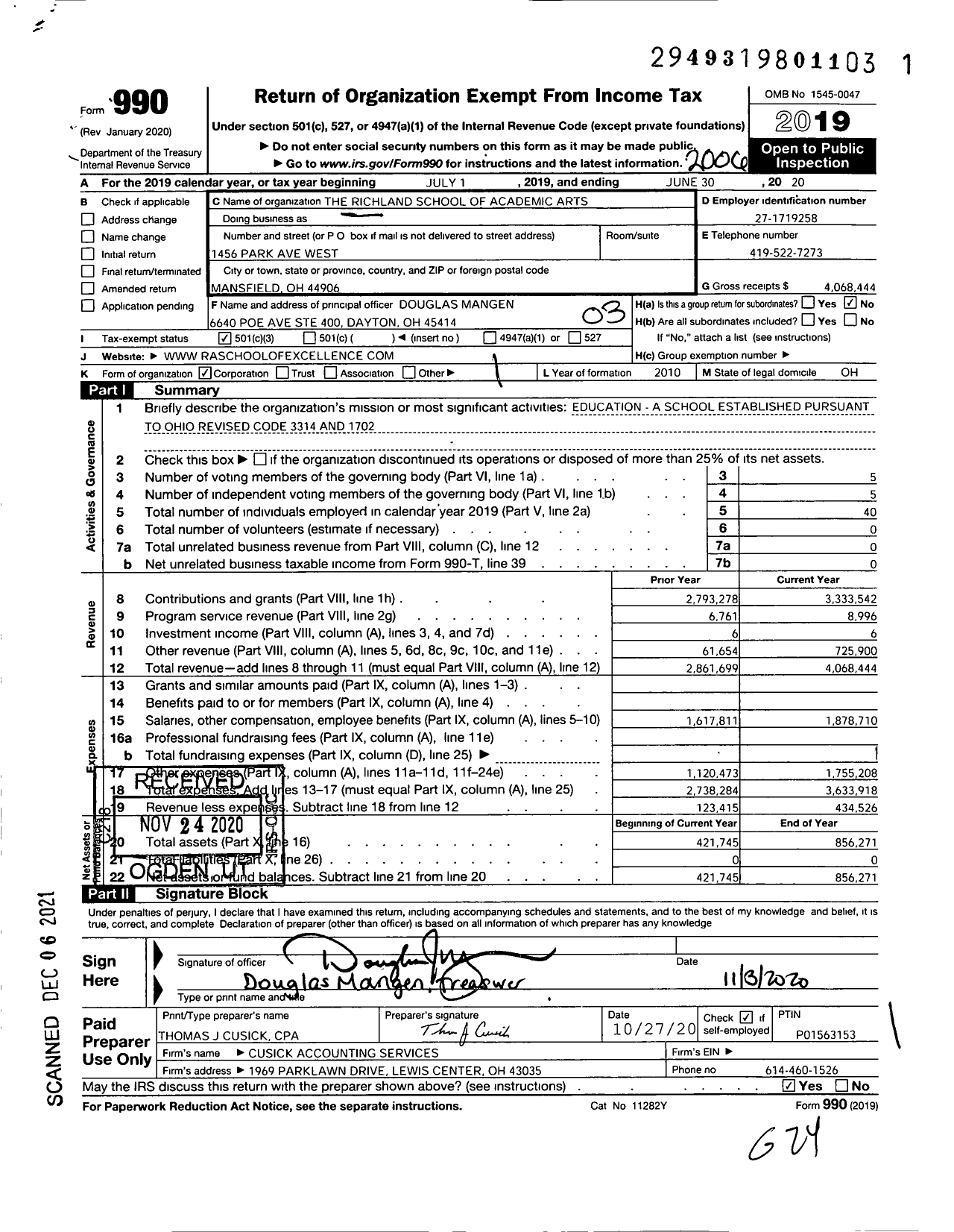 Image of first page of 2019 Form 990 for Richland School at Richland Academy