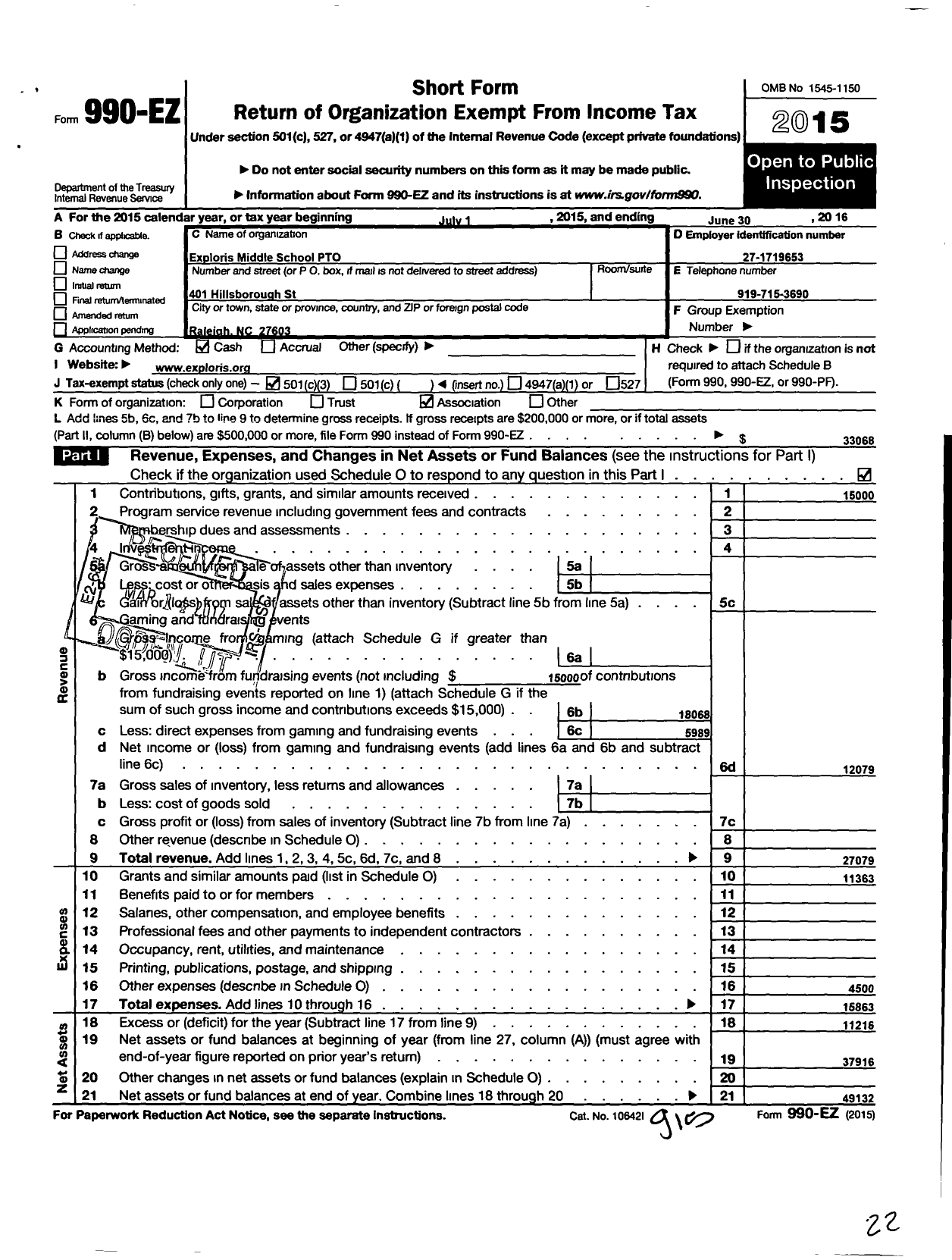 Image of first page of 2015 Form 990EZ for Exploris Middle School Pto