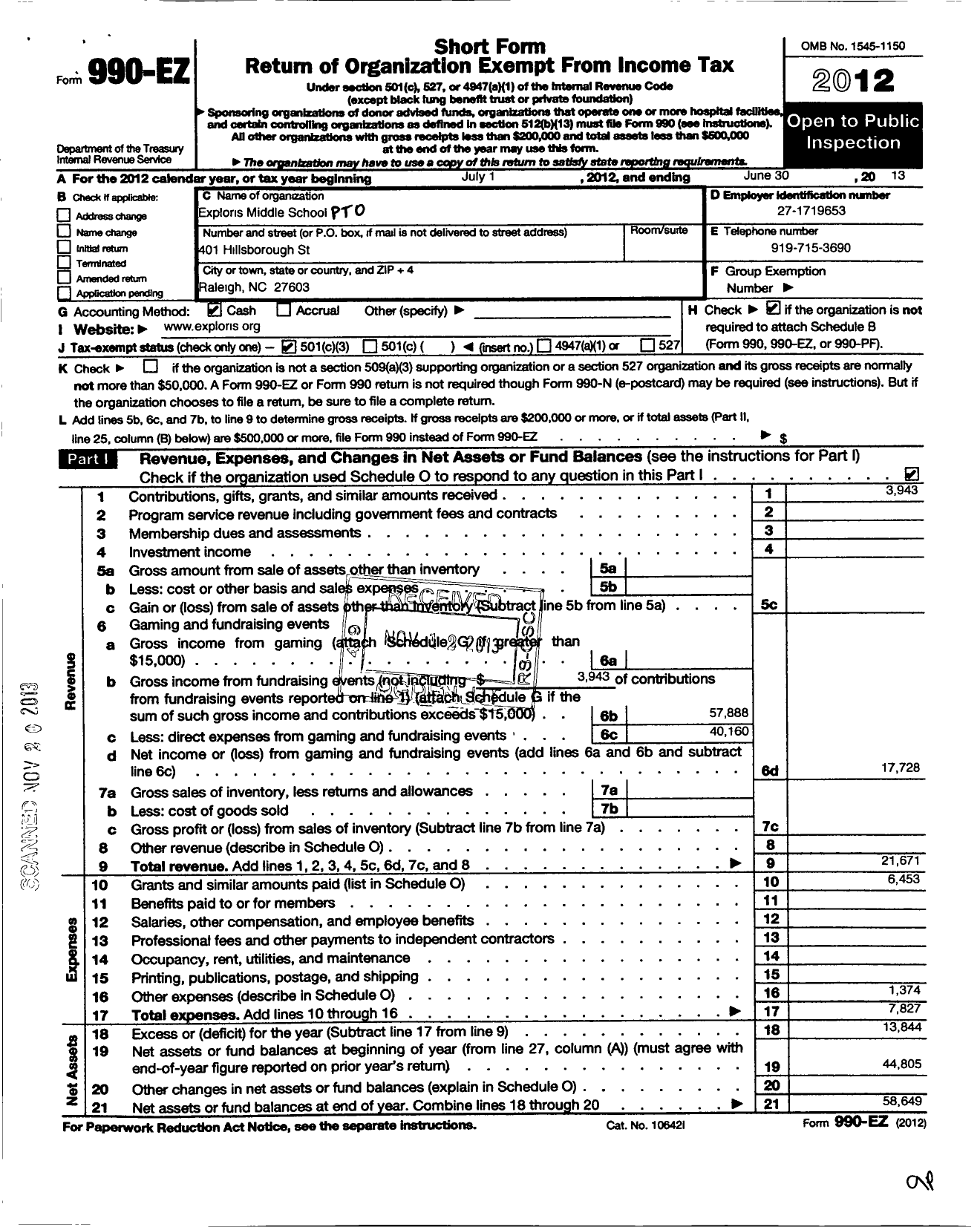 Image of first page of 2012 Form 990EZ for Exploris Middle School Pto